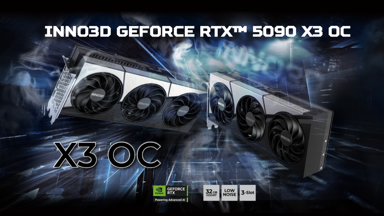 INNO3D GeForce RTX 5090 X3 OC placa de vídeo topo de linha vista frontal design cooler triplo ventilador