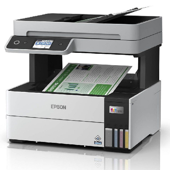 Visão em perspectiva da Epson EcoTank L6490 destacando estrutura compacta, ADF e painel de controle
