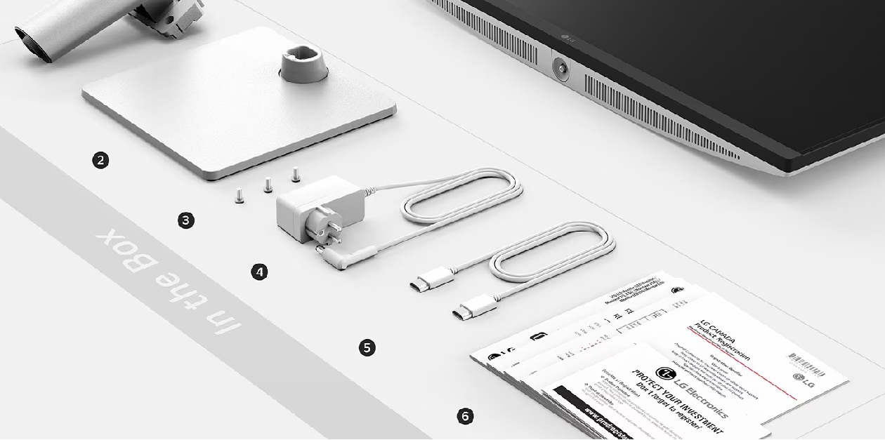 Conteúdo da caixa do LG UltraFine 27US500-W com suporte, parafusos, adaptador e cabos