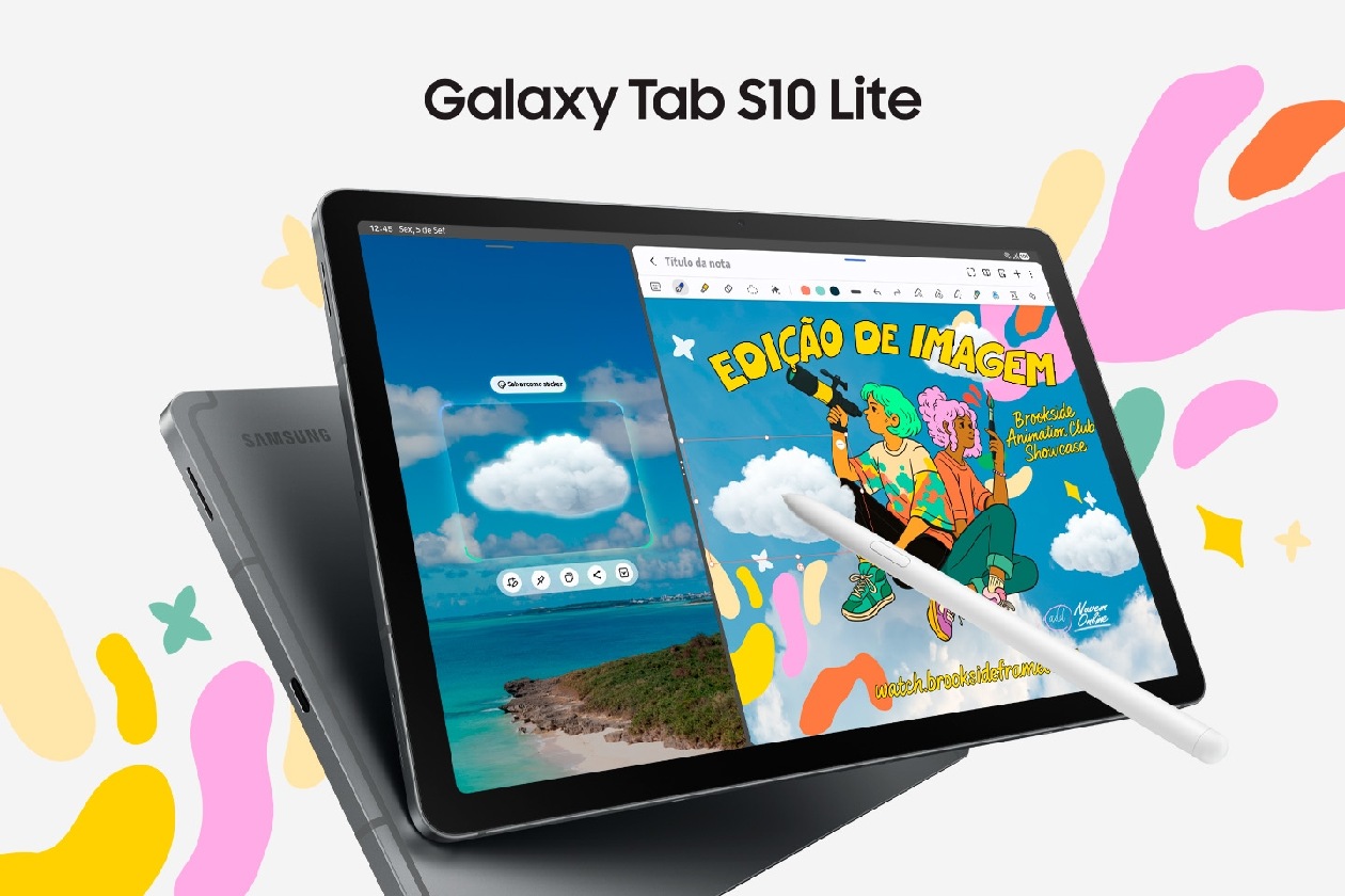 Samsung Galaxy Tab S10 Lite cinza com S Pen exibindo tela ligada