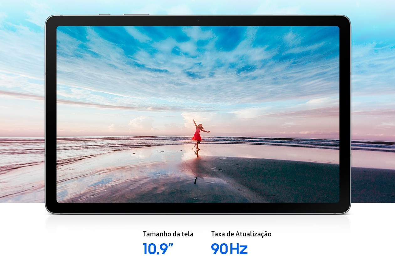 Galaxy Tab S10 Lite exibindo tela ampla com conteúdo colorido e nítido
