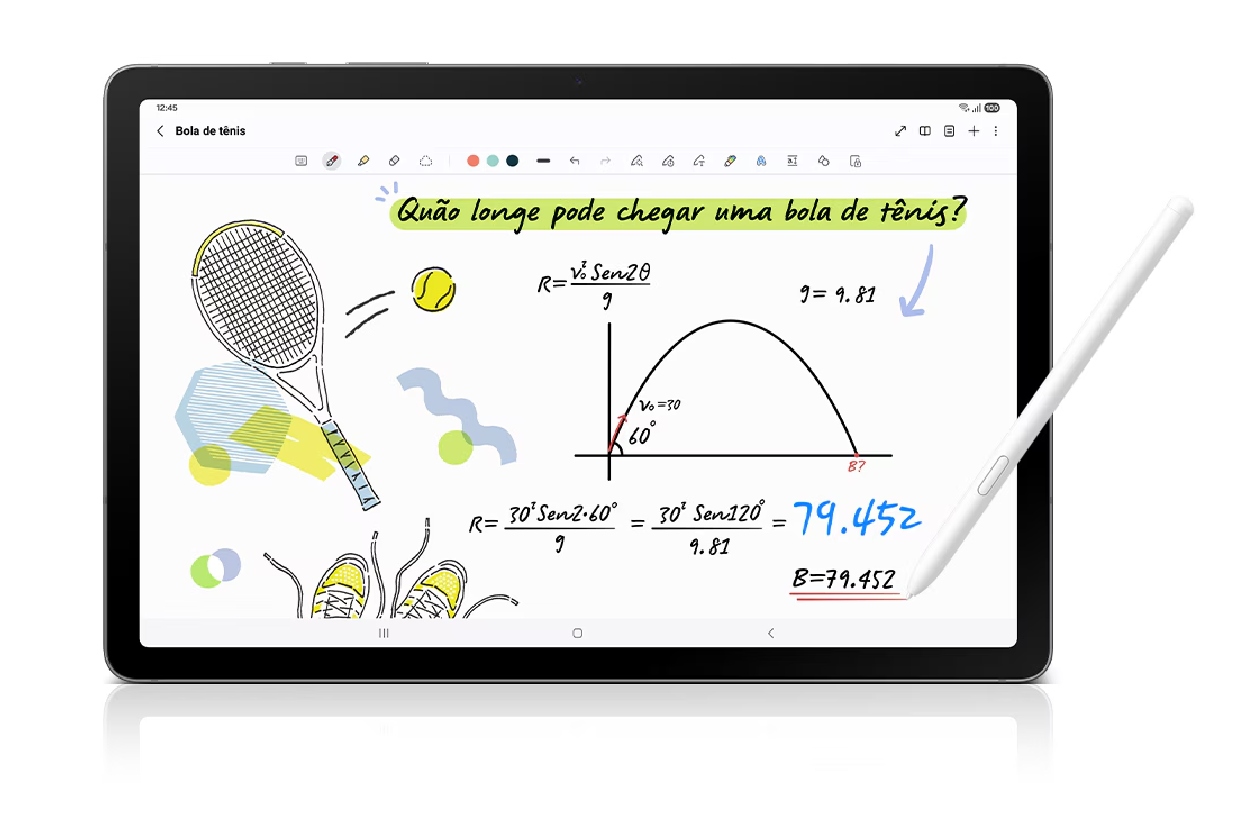 Galaxy Tab S10 Lite com S Pen escrevendo fórmula matemática na tela