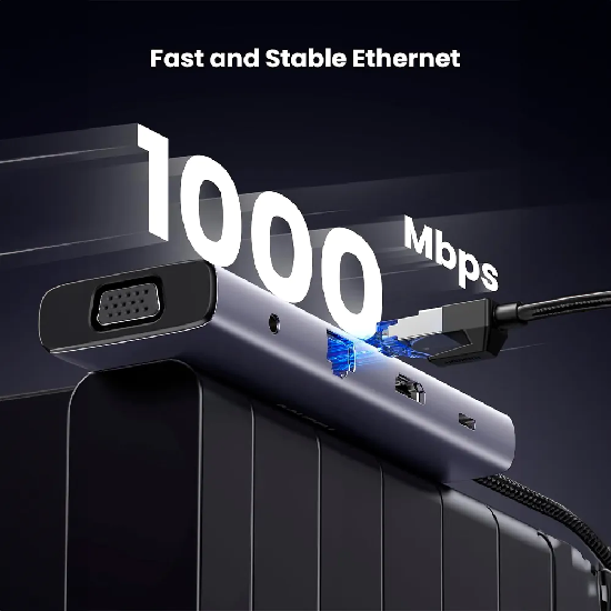 Detaque da porta de rede RJ45 Gigabit e VGA no Hub Ugreen