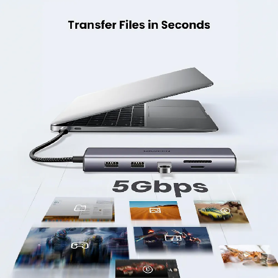 Transferência de dados rápida via USB 3.0 e leitor de cartões no Hub Ugreen