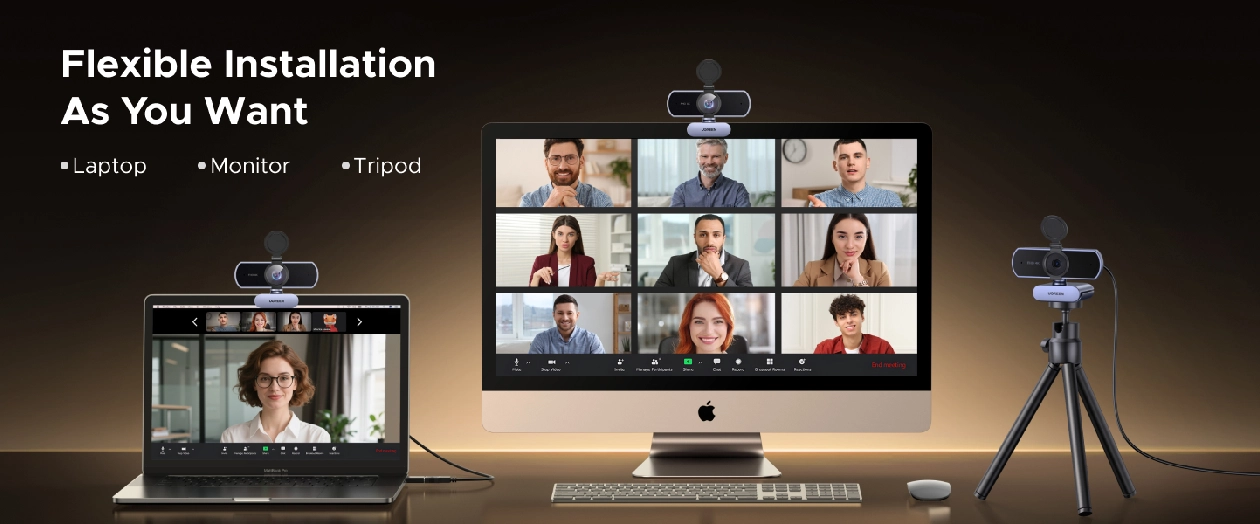 Opções de montagem e fixação da Webcam Ugreen em telas e tripés