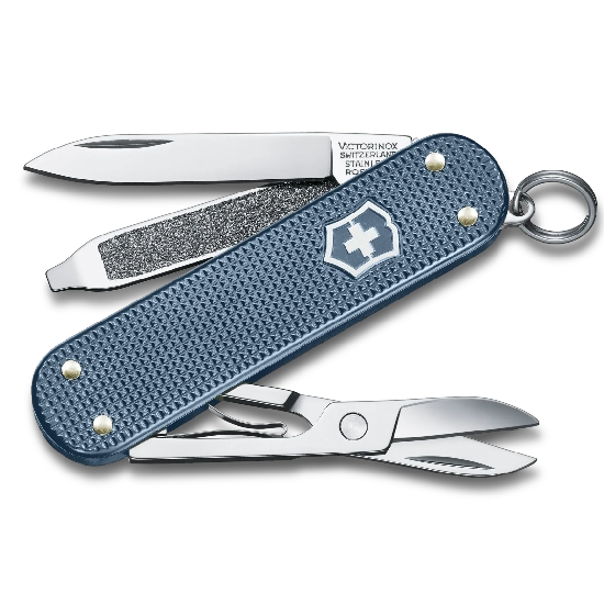 Canivete Victorinox Alox Azul com ferramentas abertas, lâmina, tesoura, lixa e argola