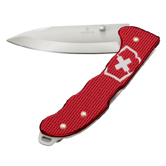 Canivete Victorinox Evoke Alox vermelho visão geral com lâmina de aço, talas Alox e furo para cordão