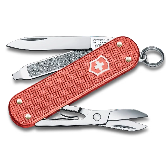 Canivete Victorinox Alox Vermelho com ferramentas abertas, lâmina, tesoura, lixa e argola