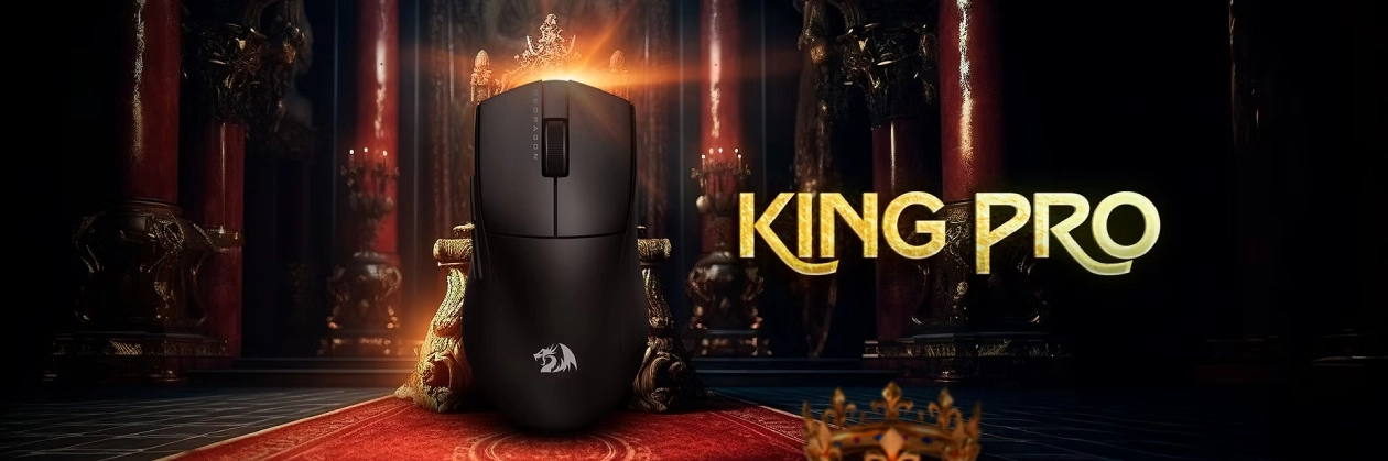 Banner de apresentação do Mouse Redragon King Pro, design leve e ambidestro