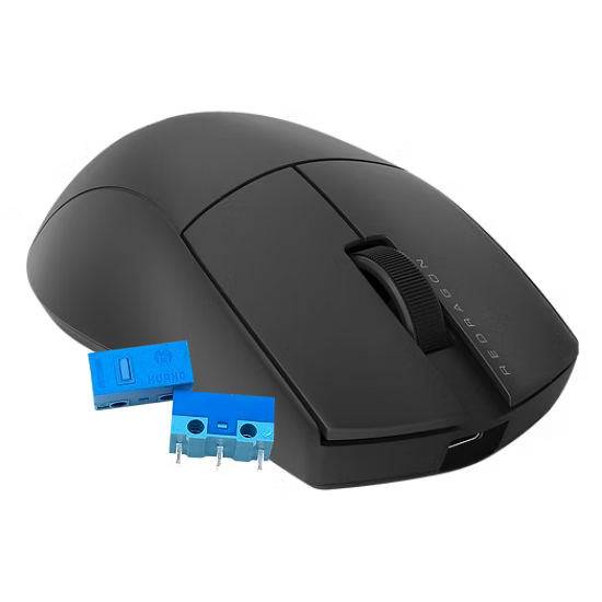 Detalhe dos switches Huano Blue Dot instalados no mouse gamer