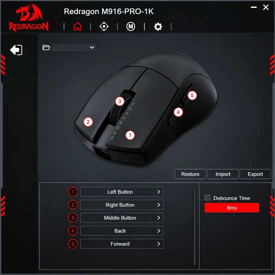 Print do software do Redragon King Pro, com opções de customização e DPI