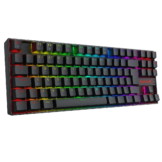 Visão em perspectiva do teclado mecânico compacto TKL na cor preta com retroiluminação RGB