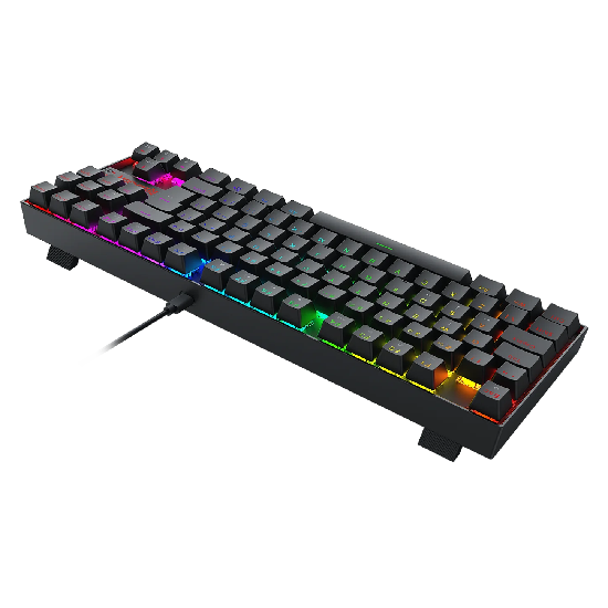 Visão traseira do teclado mostrando pés de apoio articulados e entrada do cabo