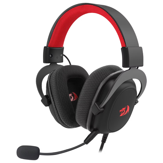 Visão em perspectiva do headset Redragon Zeus Lite com microfone acoplado