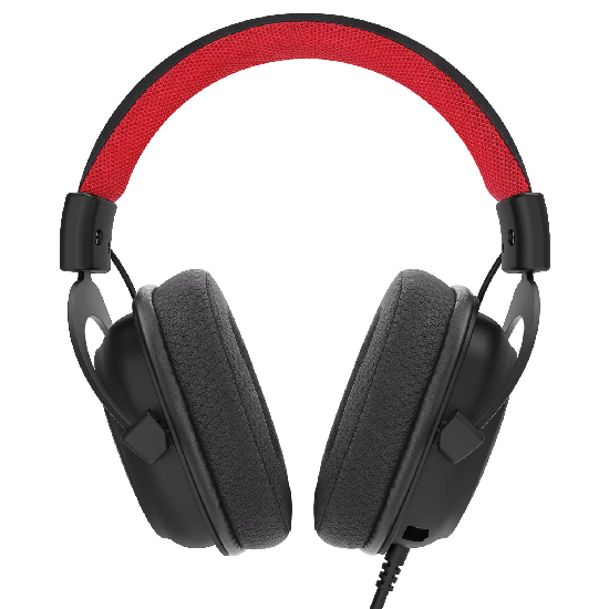 Visão frontal do headset Redragon Zeus Lite mostrando hastes metálicas e conchas