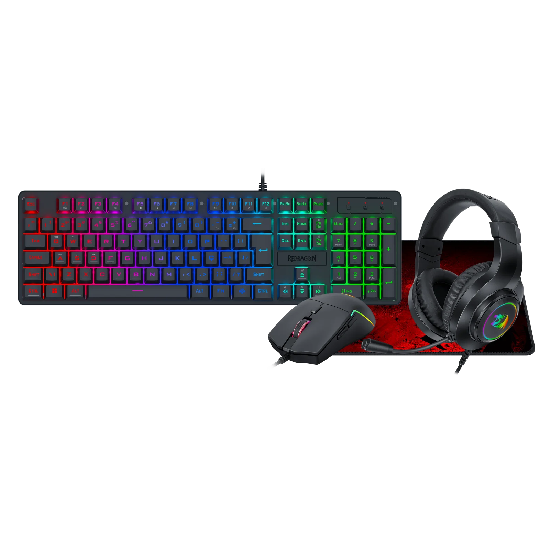 Vista frontal completa do kit gamer 4 em 1 Redragon S166 com teclado, mouse, headset e mousepad