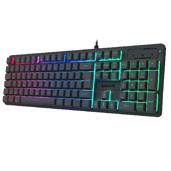 Vista em perspectiva do teclado gamer solo com iluminação RGB e layout numérico
