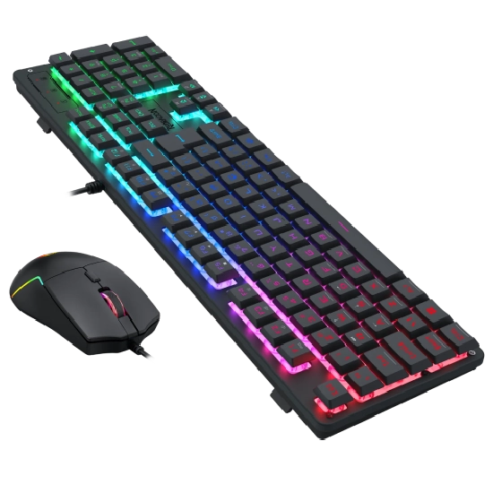 Teclado e mouse dispostos lado a lado destacando a iluminação RGB e design ergonômico