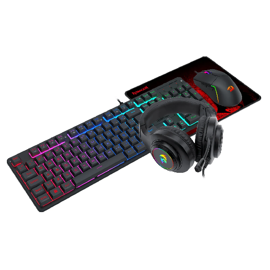 Headset gamer em primeiro plano acompanhado do teclado, mouse e mousepad ao fundo