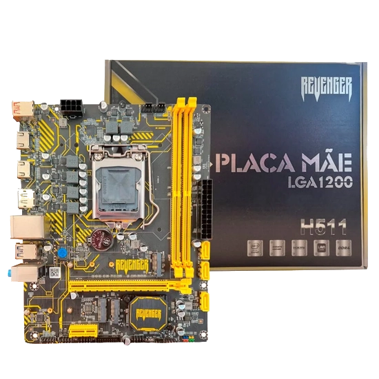 Placa Mãe Revenger G-H511 em primeiro plano com embalagem original ao fundo