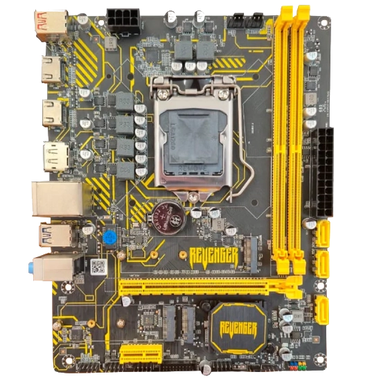 Vista frontal da Placa Mãe Revenger G-H511 mostrando PCB preto e detalhes amarelos