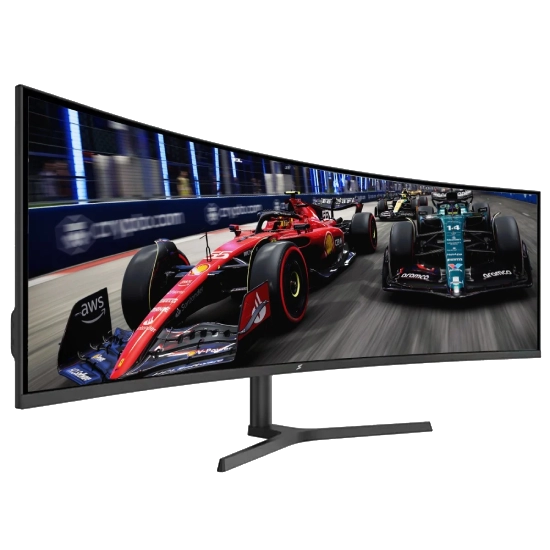 Monitor Gamer 49 SuperFrame vista em ângulo semilateral mostrando a curvatura