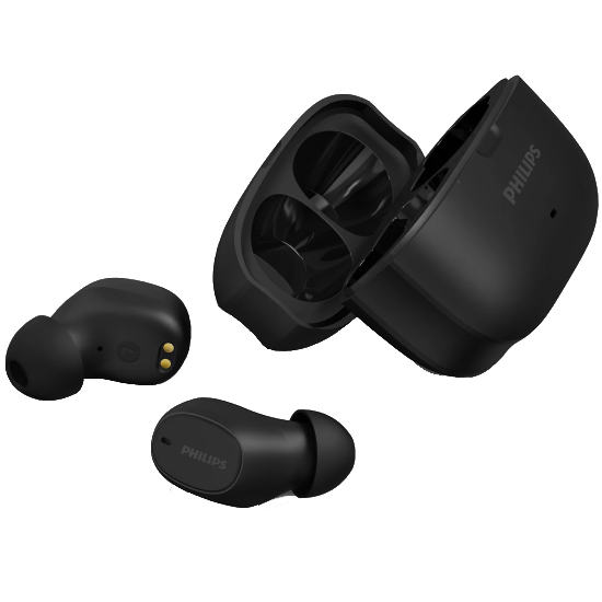 Fones Philips TWS TAT2500BK ao lado do estojo de carregamento