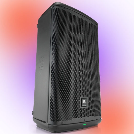 Visão frontal da caixa acústica ativa JBL EON712 de 12 polegadas