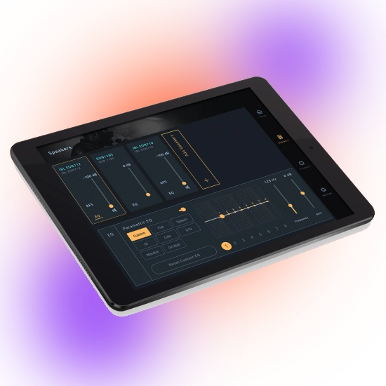 Interface do aplicativo JBL Pro Connect em um tablet controlando a caixa de som