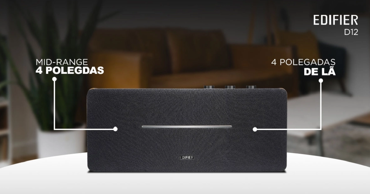 Detalhe do tweeter de filme de seda e woofer de 4 polegadas da Edifier D12
