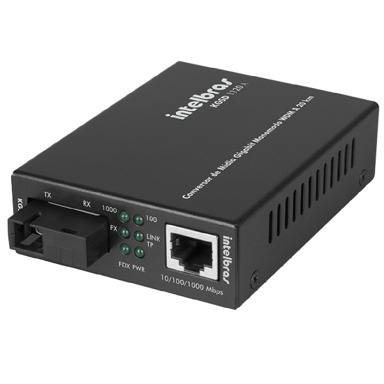 Visão em perspectiva do conversor de mídia Intelbras KGS 1120 em chassis metálico preto
