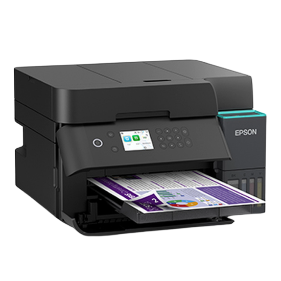 Painel de controle articulado e documento impresso a cores saindo da Epson