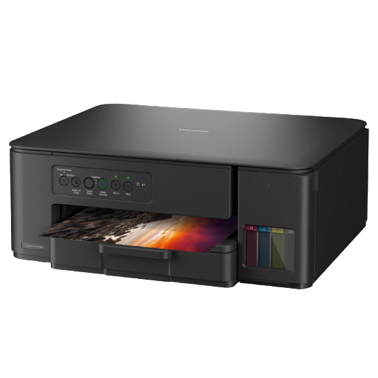 Vista em perspectiva lateral da Brother DCP-T430W mostrando design e tanque de tinta