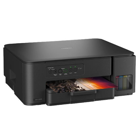Vista lateral esquerda da Brother DCP-T430W com pegada de transporte e painel inclinado