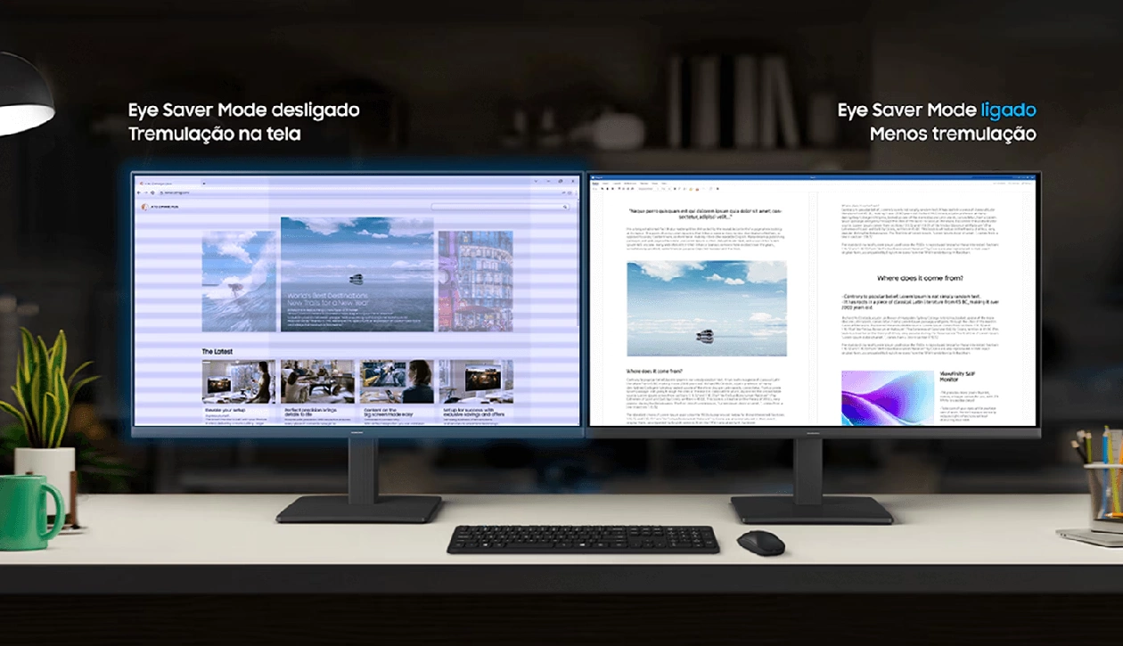 Tecnologias Eye Saver Mode e Flicker Free protegendo a visão no monitor Samsung