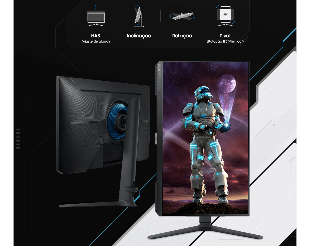 Suporte ergonômico do Odyssey G4 permitindo ajustes de altura e rotação