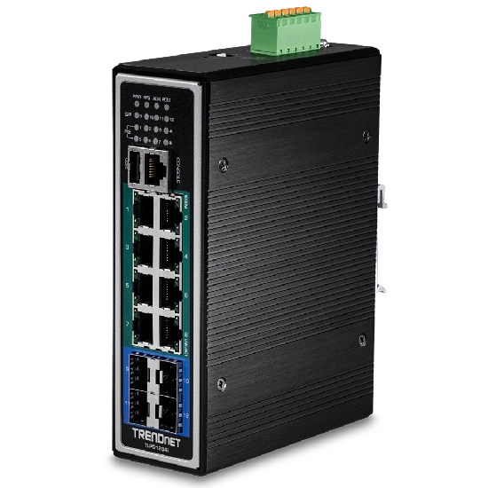 Vista em perspectiva do switch industrial Trendnet TI-PG1284i com chassis metálico