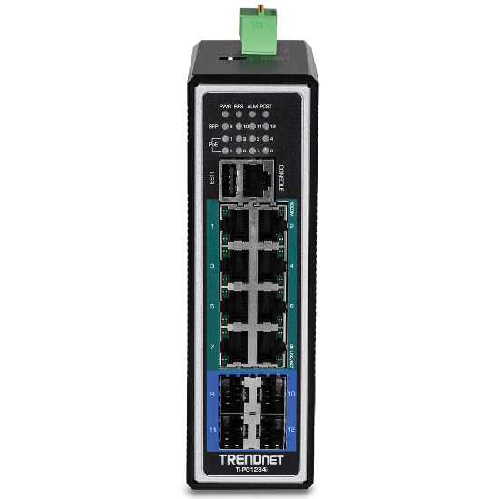 Painel frontal do Trendnet TI-PG1284i com portas RJ45, SFP e LEDs de diagnóstico
