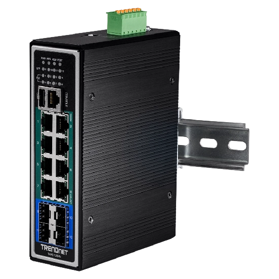 Switch industrial Trendnet TI-PG1284i instalado em um segmento de calha DIN