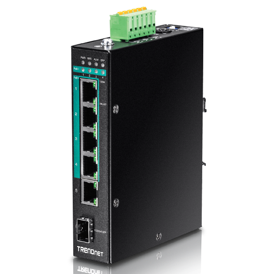 Vista em perspectiva do switch industrial Trendnet TI-PG541i com chassis metálico