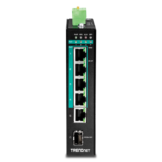 Painel frontal do Trendnet TI-PG541i com portas Gigabit, PoE+ e LEDs indicadores