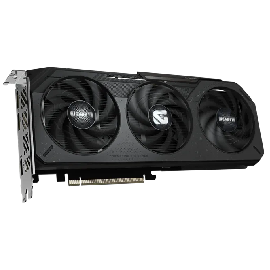 Vista em perspectiva da placa de vídeo Gigabyte Radeon RX 9050 com sistema tri-fan