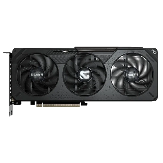 Vista frontal da placa Gigabyte RX 9050 mostrando as três ventoinhas em detalhe