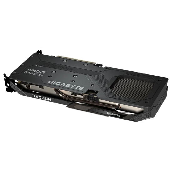 Vista traseira superior da placa Gigabyte RX 9050 com backplate metálico e abertura de fluxo de ar