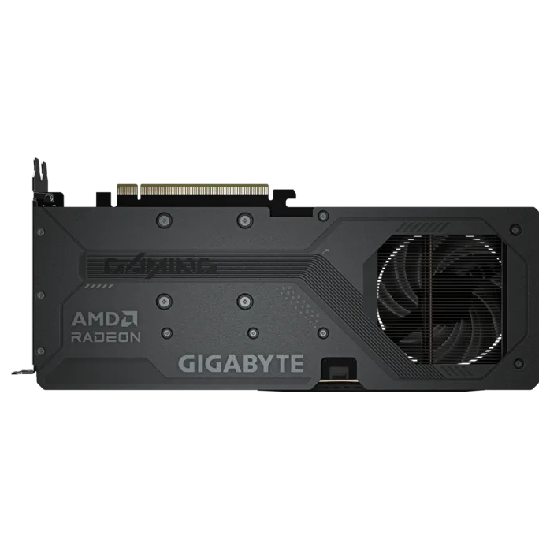 Vista posterior do backplate metálico com gravações Gigabyte e AMD Radeon