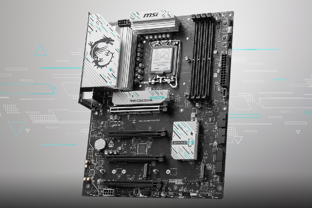 Placa Mãe MSI B860 Gaming Plus WiFi em perspectiva tridimensional