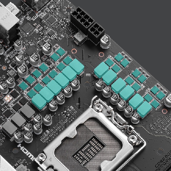 Detalhe das fases de alimentação do VRM e condensadores da placa MSI B860