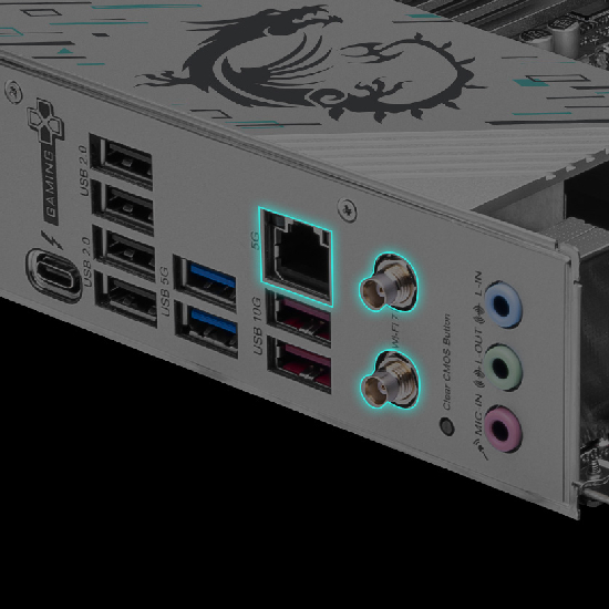 Painel traseiro I/O da placa MSI com escudo do dragão e portas LAN 5G e Wi-Fi