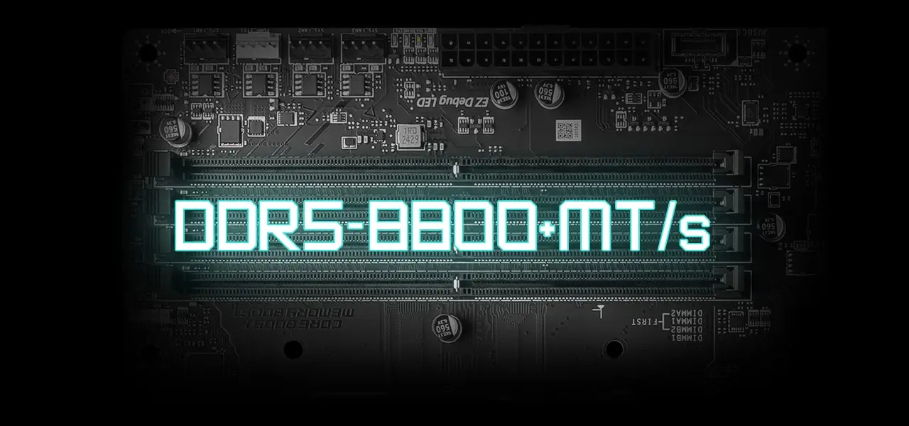 Slots de memória DDR5 iluminados com destaque para a frequência de 8800 MT/s